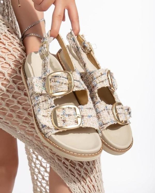 Bej Simli Kemerli Sandalet - Image 1