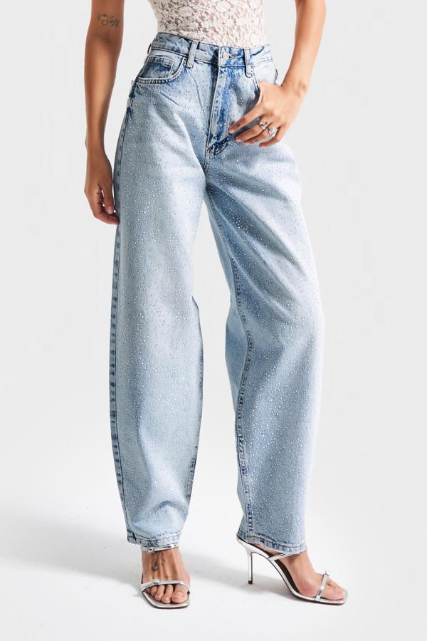 Kadın Ice Kot Rengi T-4w5-3 Skater Fit Önü Parlak Taşlı İç Boy 77cm Özel Tasarım Denim Jean - Image 1