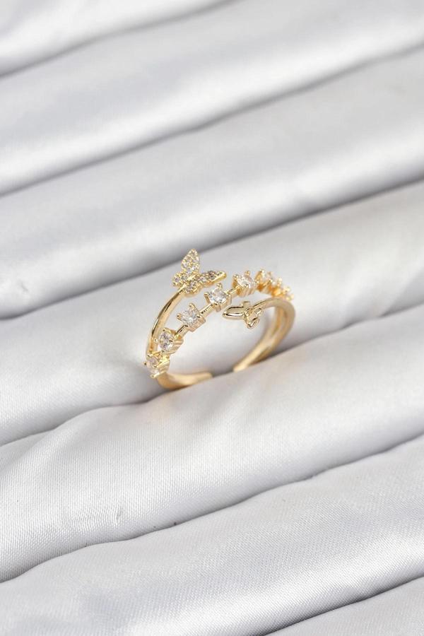 Pirinç Gold Renk Zirkon Taşlı Kelebek Model Kadın Yüzük - Image 1