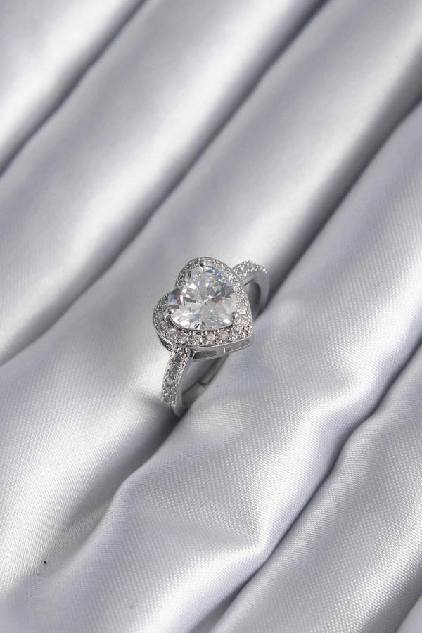 Pirinç Gümüş Renk Zirkon Taş Kalp Charm Model Kadın Yüzük - Image 1