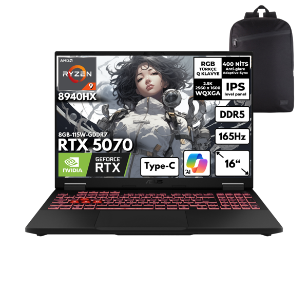 Asus TUF Gaming A16 Ryzen 9-8940HX 48GB 1 TBSSD RTX5070 (8GB-115W) 16" WQXGA Freedos + Sırt Ç. FA608PP-QT031HMF3 - Image 1