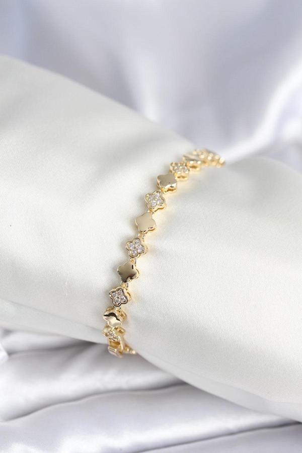 Pirinç Gold Renk Zirkon Taşlı Yonca Model Kadın Bileklik 7969 - Image 1