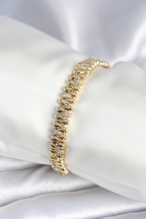 Pirinç Gold Renk Damla Model Zirkon Taşlı Kadın Bileklik 7972 - Image 1