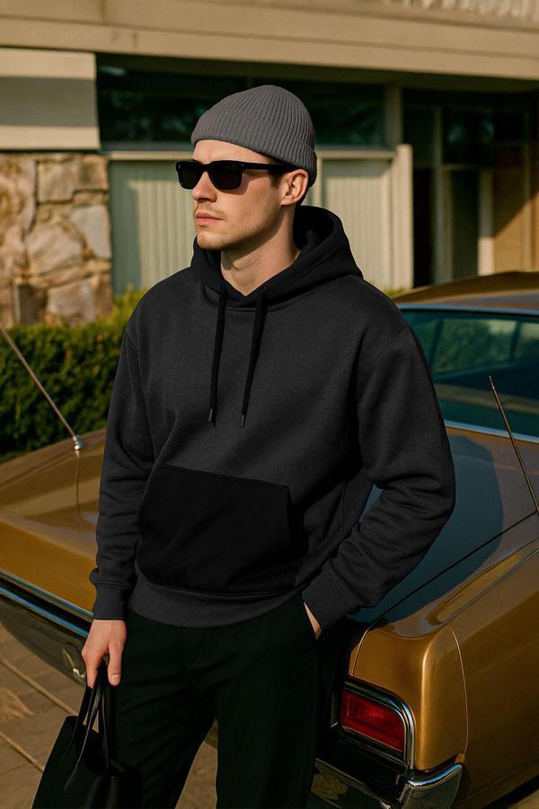 Erkek Kapüşonlu Cepli Antrasit Sweatshirt - Image 1