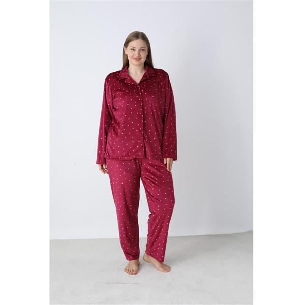 Battal Estiva Puantiyeli Önden Düğmeli Kadife Bayan Pijama Takım - Image 1