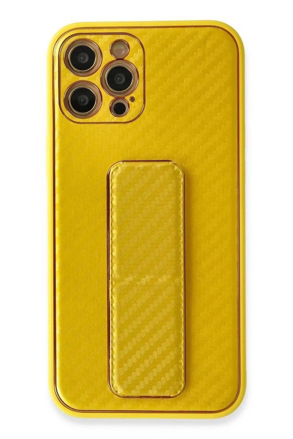 iPhone 12 Pro Max Kılıf Coco Karbon Standlı Kapak - Sarı - Image 1