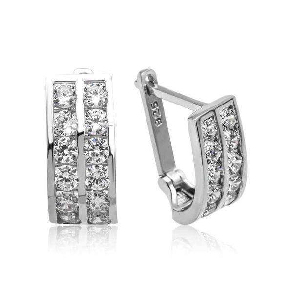 BlackCraft Gümüş Çift Sıra Beyaz Taşlı J Kadın Küpe (BC-0439AA) - Image 1