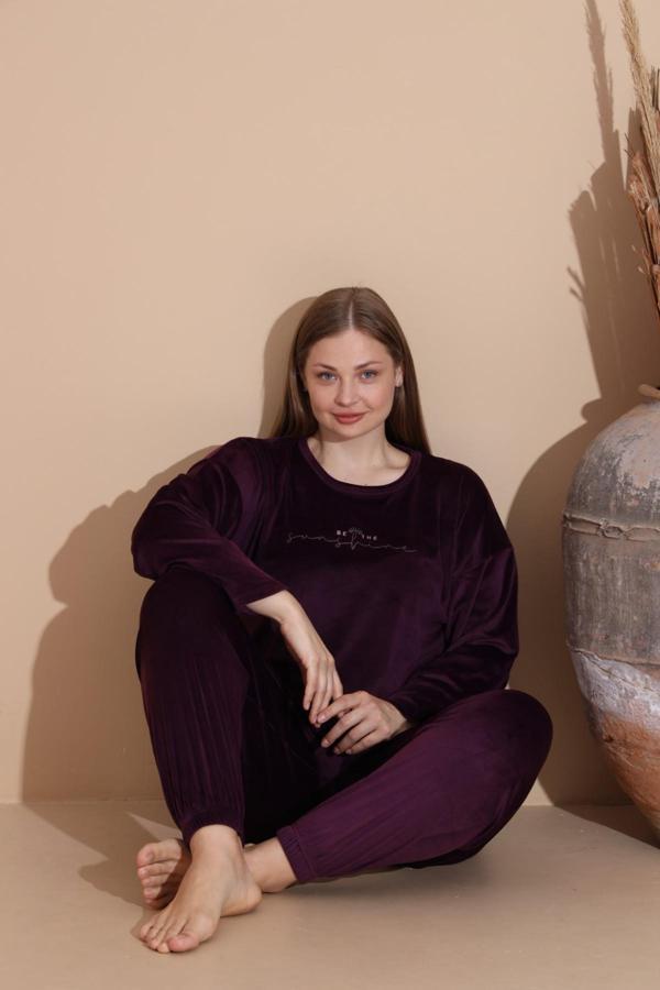 Boyraz Kadın KIŞLIK Fransız Kadife Büyük Beden Bisiklet Yaka Uzun Kol Pijama Takımı 03143 - 1 Adet - Image 1