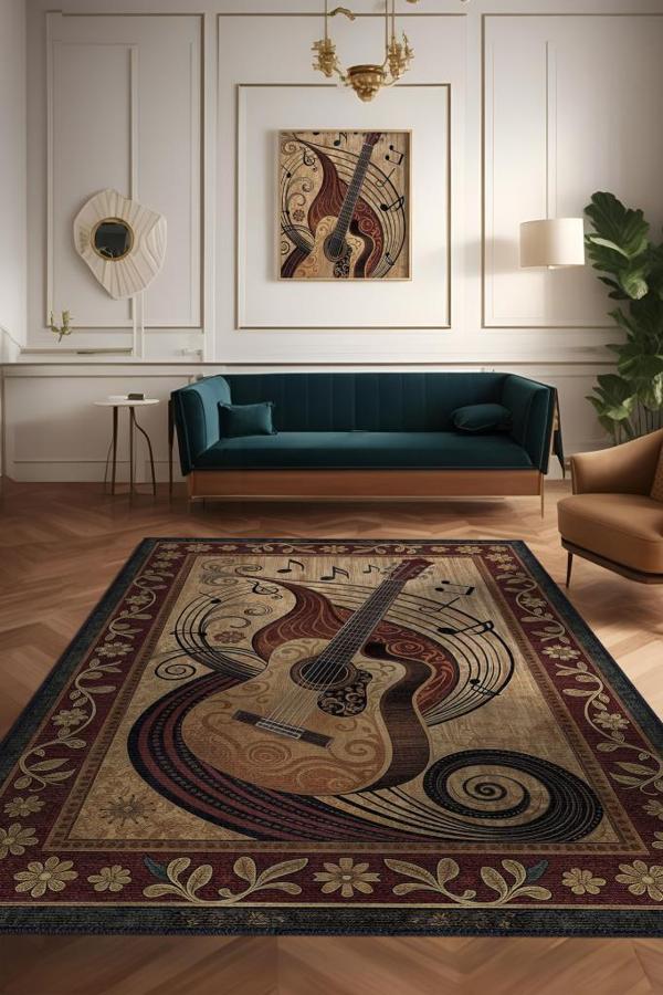 Homshtag Gitar Halısı Pop Art Müzik Halısı Müzik Gitar Figürlü Kahve Renkli Modern Halı - Image 1