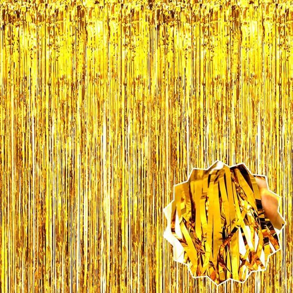 Altın Gold Renk Ekstra Metalize Parlak Saçaklı Arka Fon Perde İthal 1x2 Metre - Image 1