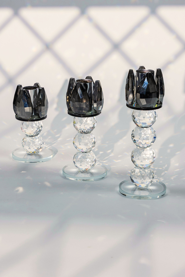 Siyah Kristal Cam Mumluk Şamdan 3'lü Set – El İşçiliği Lotus Başlık, Farklı Boylar - Image 1