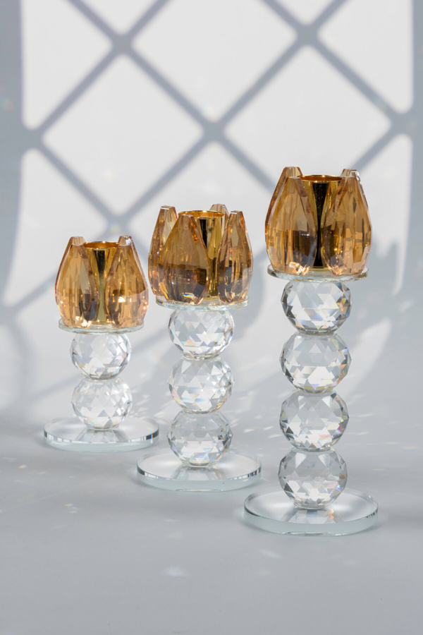 Sarı Kristal Cam Mumluk Şamdan 3'lü Set – El İşçiliği Lotus Başlık, Farklı Boylar - Image 1