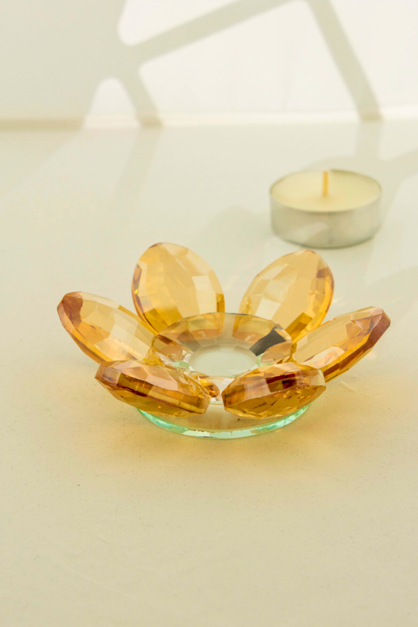 Şık Kristal Cam Mumluk & Lokumluk, Lotus Kesim, Amber – El İşçiliği Lotus Başlık - Image 1