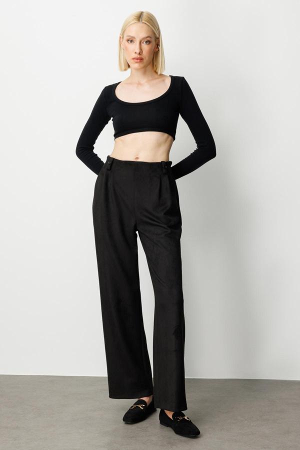 Ekol Kadın Beli Lastikli Güderi Pantolon 5067 Siyah - Image 1