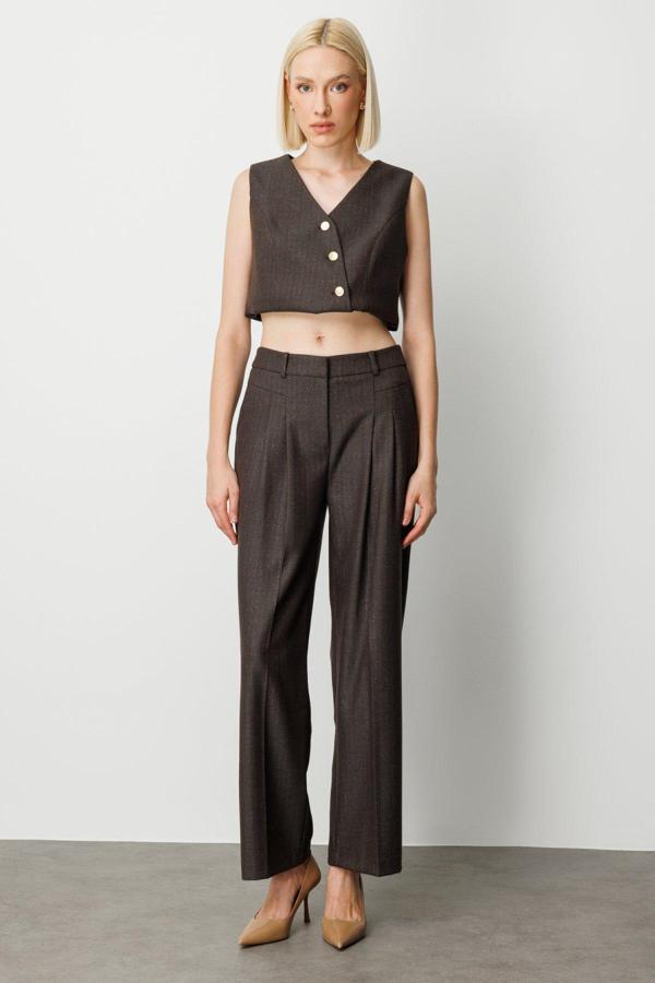 Ekol Kadın Çizgi Desenli Wide Leg Pantolon 5111 Kahverengi - Image 1