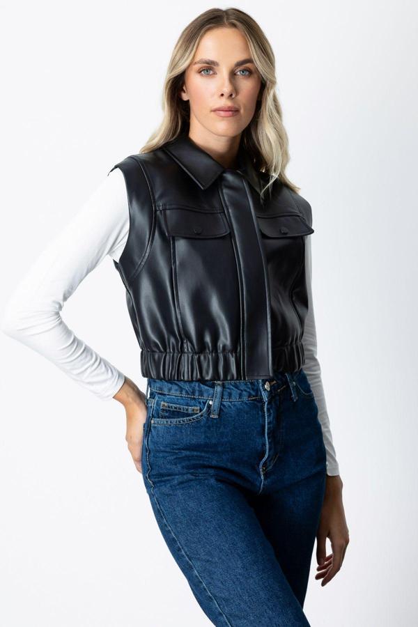 Ekol Kadın Kolsuz Deri Crop Yelek 5097 Siyah - Image 1