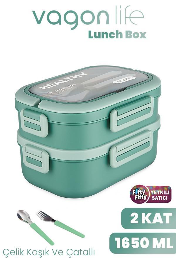 1650 ML İki Kat Üç Bölme Paslanmaz Çelik Lunch Box Yeni Nesil Sefer Tası - Kaşık Ve Çatallı -6715 - Image 1