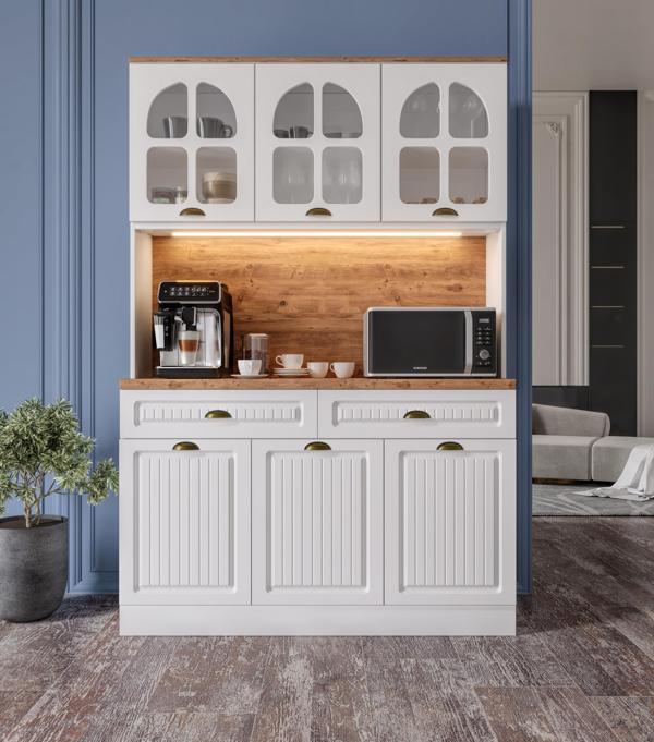 Ücretsiz Montaj Efes 140 cm Komple MDF Led Işıklı Kahve Köşesi Çok Amaçlı Dolap - Image 1