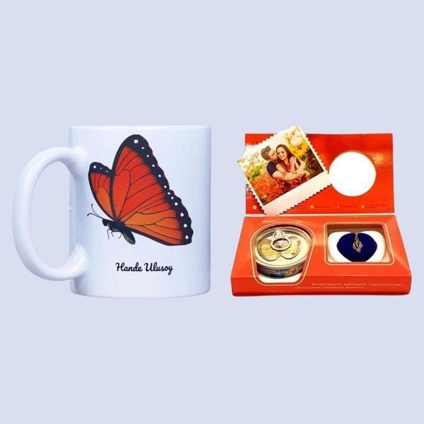 Kişiye Özel Fotoğraflı Hediye Seti | İstiridye Kolye ve Kelebek Tasarımlı Kupa - Image 1
