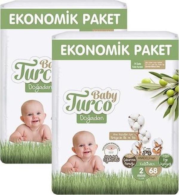 Baby Turco Doğadan 2 Beden Mini 68x2 136'LI Bebek Bezi - Image 1