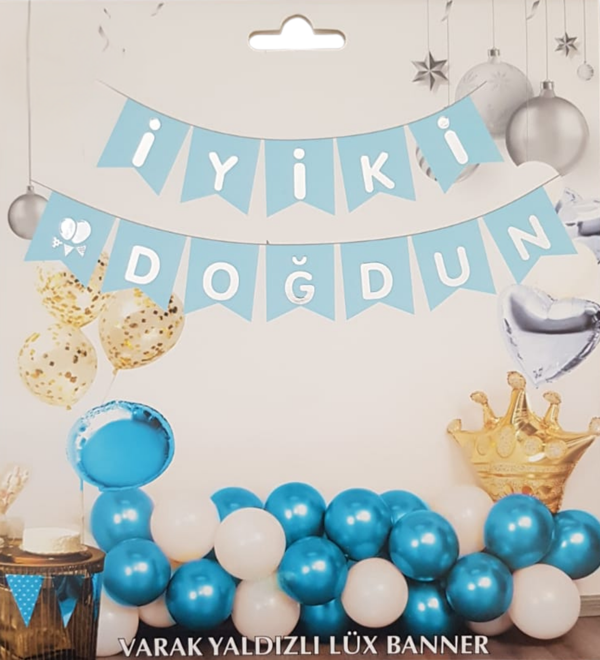Mavi Gümüş Yaldızlı İyiki Doğdun Uzar Banner - Image 1