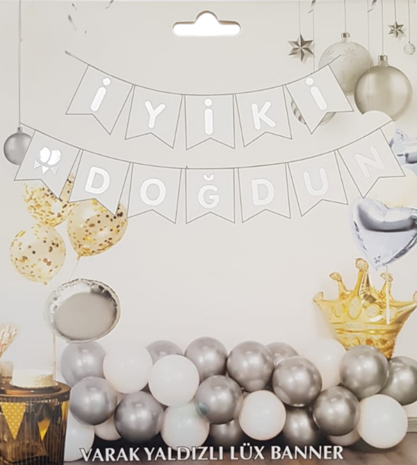 Beyaz Gümüş Yaldızlı İyiki Doğdun Uzar Banner - Image 1