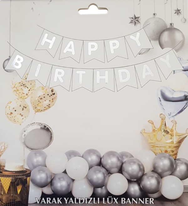Beyaz Gümüş Yaldızlı Happy Birthday Uzar Banner - Image 1