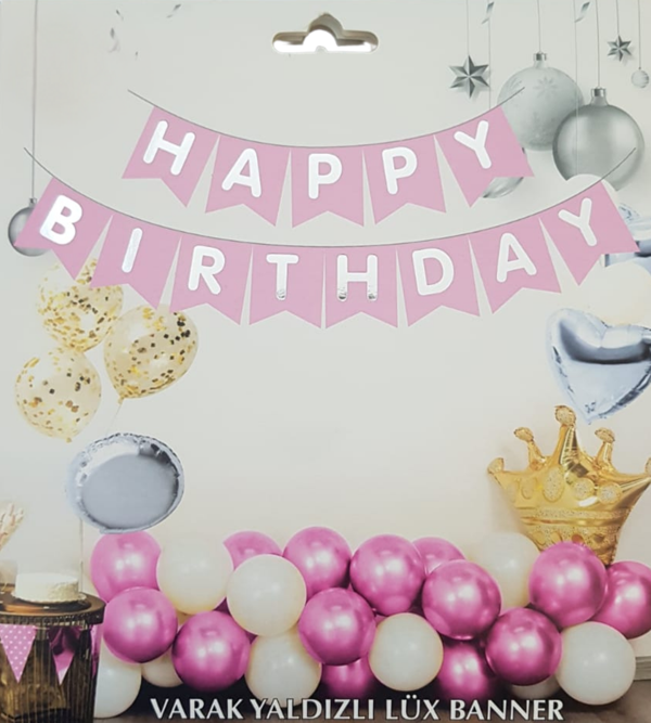 Pembe Gümüş Yaldızlı Happy Birthday Uzar Banner - Image 1