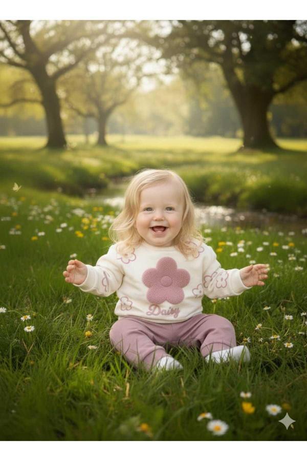 Mini Mundo Daisy Yazılı Çiçek Desenli Kız Bebek Alt Üst Takım - Image 1