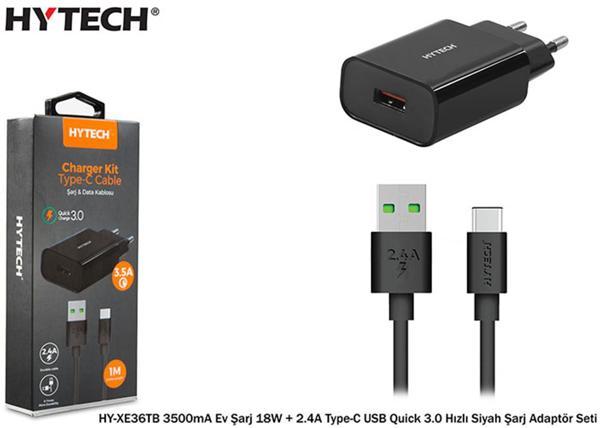 Hytech 3500mA Ev Şarj 18W + 2.4A Type-C USB Quick 3.0 Hızlı Siyah Şarj Adaptör Seti - Image 1