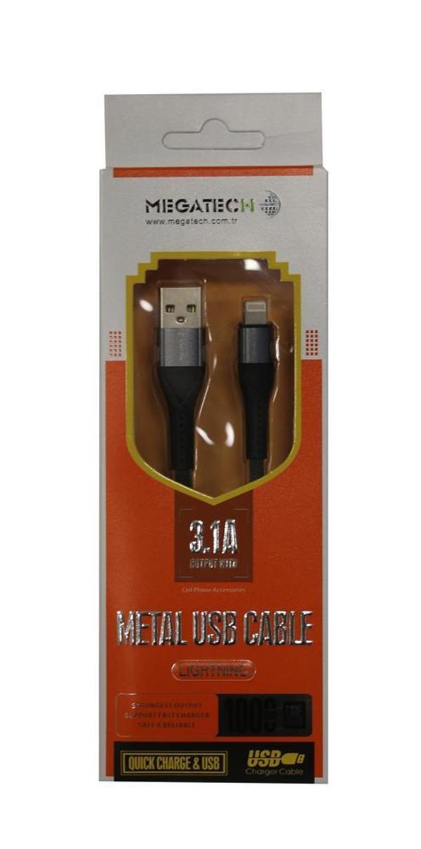 Megatech 3.1A  Örgülü A Serisi IPH7 Data Kablosu Gri-Siyah - Image 1