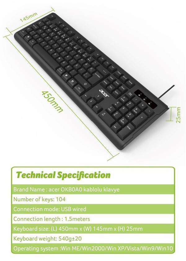 Acer Siyah Kablolu Sessiz Tuşlu Klavye Caps Lock Kablo Uzunluğu 150 CM - Image 1