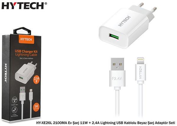 Hytech HY-XE26L 2100MA Ev Şarj 11W + 2,4A Lightning USB Kablolu Beyaz Şarj Adaptör Seti - Image 1