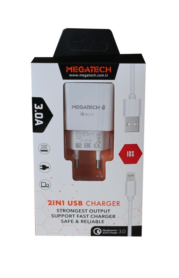 Megatech 3.0A Ev 2IN1 Ev Şarj Kafa +Iphone Şarj Kablo Hızlı Şarj - Image 1