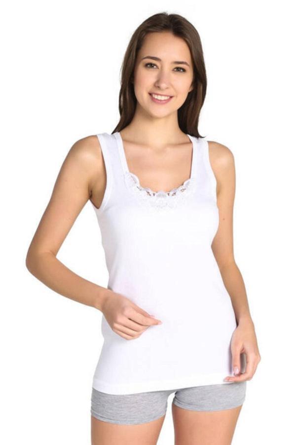Tutku Kadın Beyaz Ribana Geniş Askılı Güpürlü Atlet 6'Lı Ekonomik Paket 0140 - Image 1