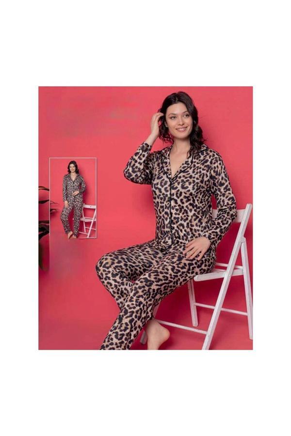 Boyraz Leopar Desenli Düğmeli Pijama Takımı - Image 1
