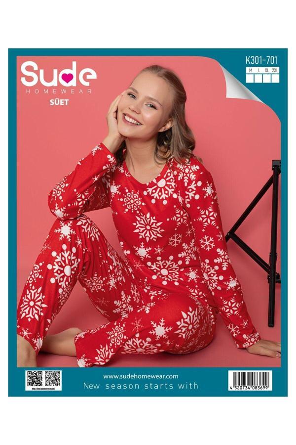 Sude Kadın Süet Uzun Kollu Yılbaşı Desenli Pijama Takımı - Image 1