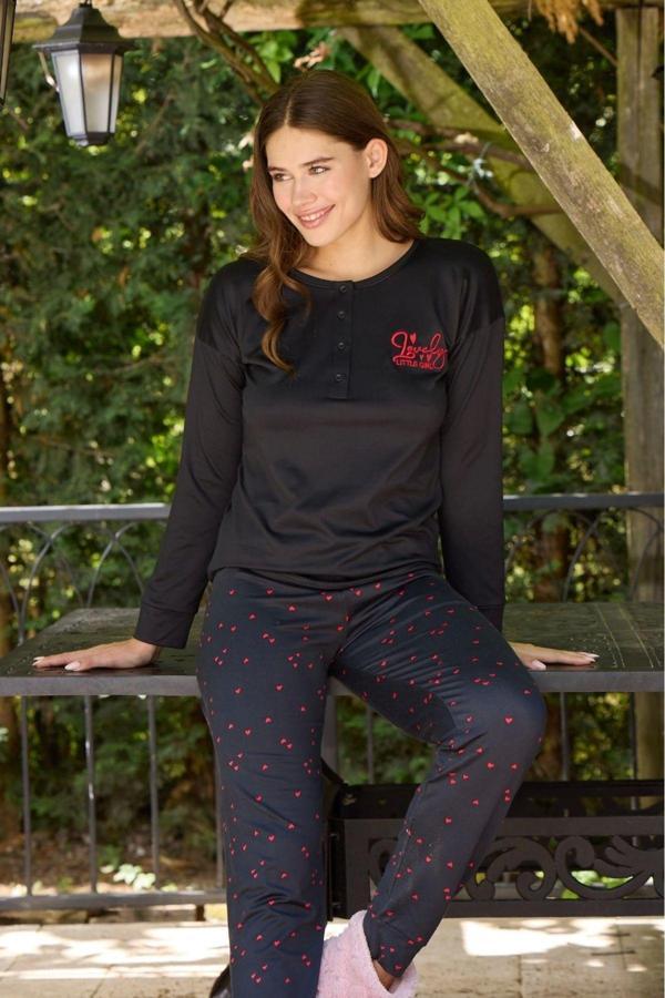 Pijamoni Düğmeli Yaka Uzun Kol Lacivert Pijama Takımı - 8700 - Image 1