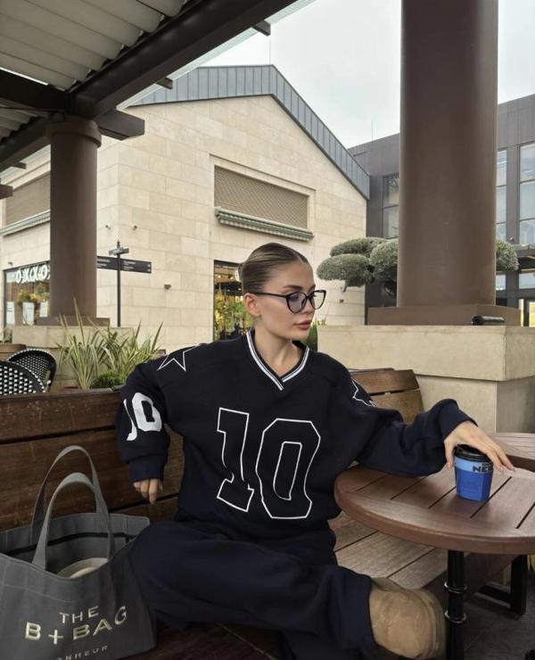 V Yaka Üç İplik Sweat Takım - Siyah - Image 1