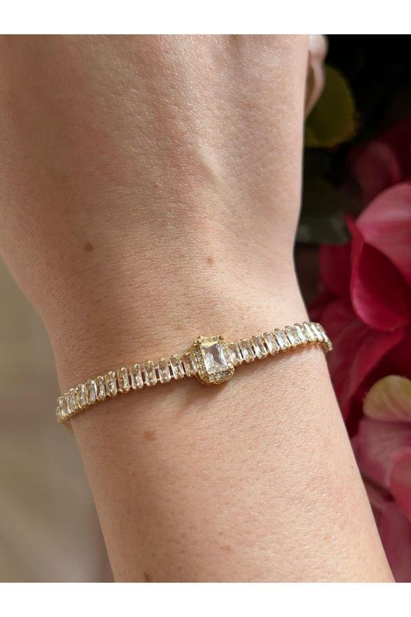 Atelier Emine Dikdörtgen Taş Detaylı Gold Bileklik - Image 1