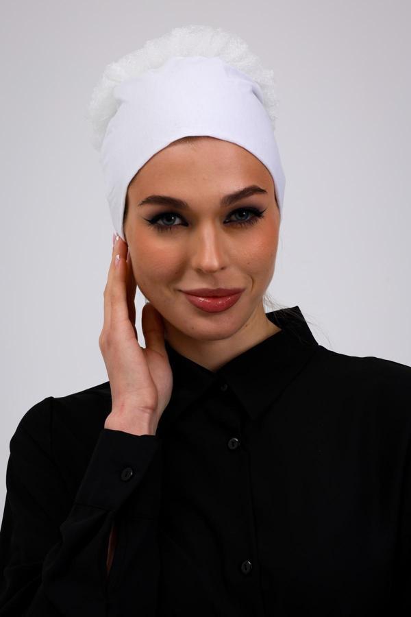 Fırfırlı Dikişsiz Penye Bone Ekru - Kadın Tesettür Bağlamalı Topuz İç Bone Kırık Beyaz - Image 1