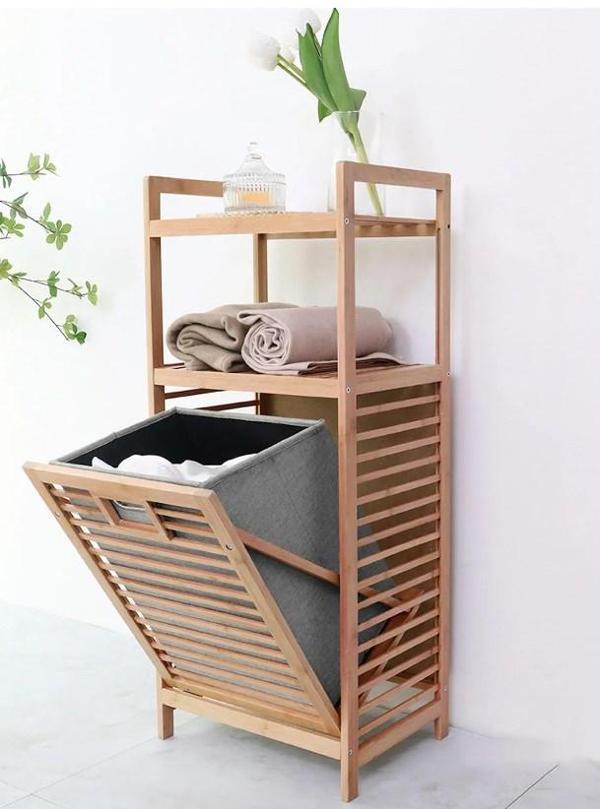 Bambu 2 Raflı Kirli Sepeti Çok Amaçlı Banyo Düzenleyici Organizer Raf - Image 1