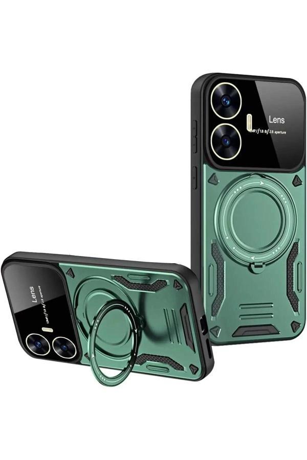 Realme C55 Kılıf Joy Lens Standlı Kapak - Koyu Yeşil - Image 1