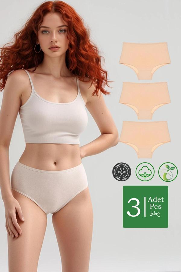 Yüksek Bel Pamuklu 3'Lü Paket Bato Külot Ten - Image 1