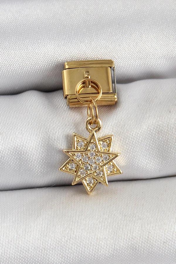 316L Çelik Sallantılı Zirkon Taşlı Yıldız Model Gold Renk Nomination Charm - Image 1