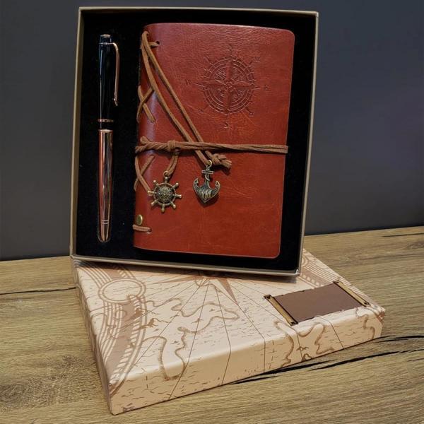 Deri Pusula Tasarımlı Defter Ve Metal Kalem Seti - Image 1