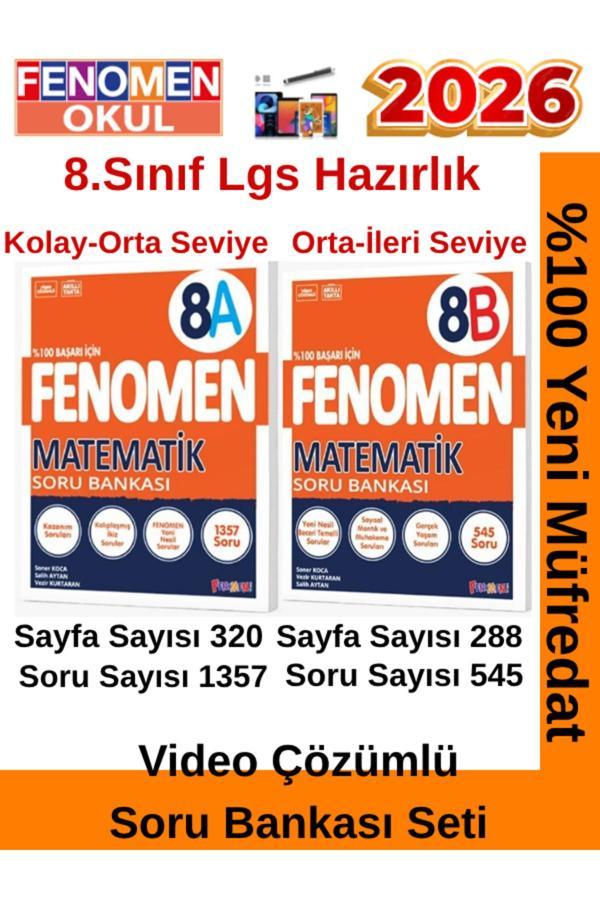 2028 8.Sınıf Matematik A-B (8A)- (8B)Video Çözümlü Kolay-Orta Seviye Soru Bankası(1357-545 Soru) - Fenomen Yayıncılık - Image 1