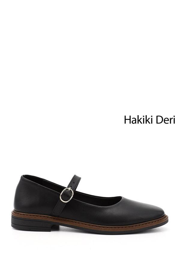 Kadın Siyah Kısa Kalın Topuklu Mary Jane Hakiki Deri Babet - Image 1