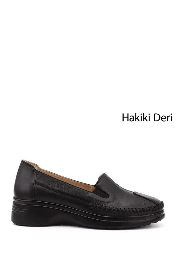Kadın Siyah Dolgu Taban Hakiki Deri Comfort Ayakkabı - Image 1
