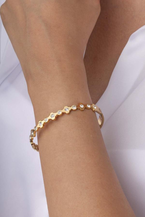 Gümüş Pazarım Sıra Taşlı Altın Kaplama Kadın Çelik Kelepçe Bileklik - Image 1